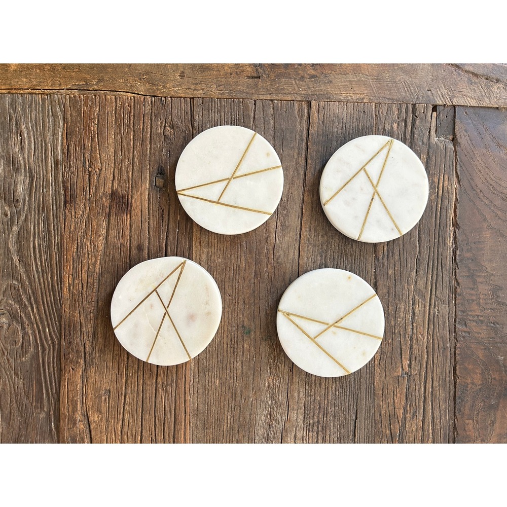 White Marble Coasters Set of 4 Gold Brass Inlay Modern Luxe Home Decor Layering - Picture 2 of 4
